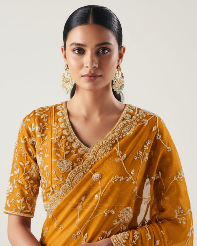 Imperial Mustard Gold Satin Organza Designer Saree