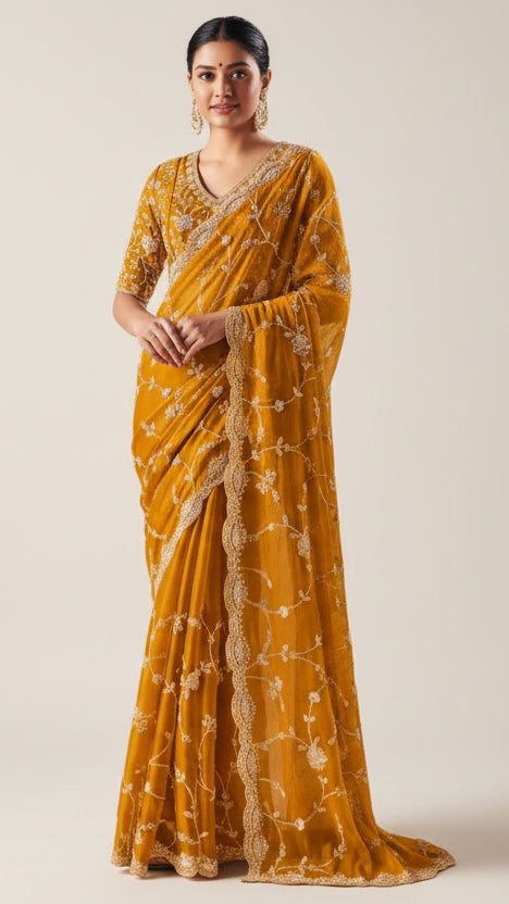 Imperial Mustard Gold Satin Organza Designer Saree