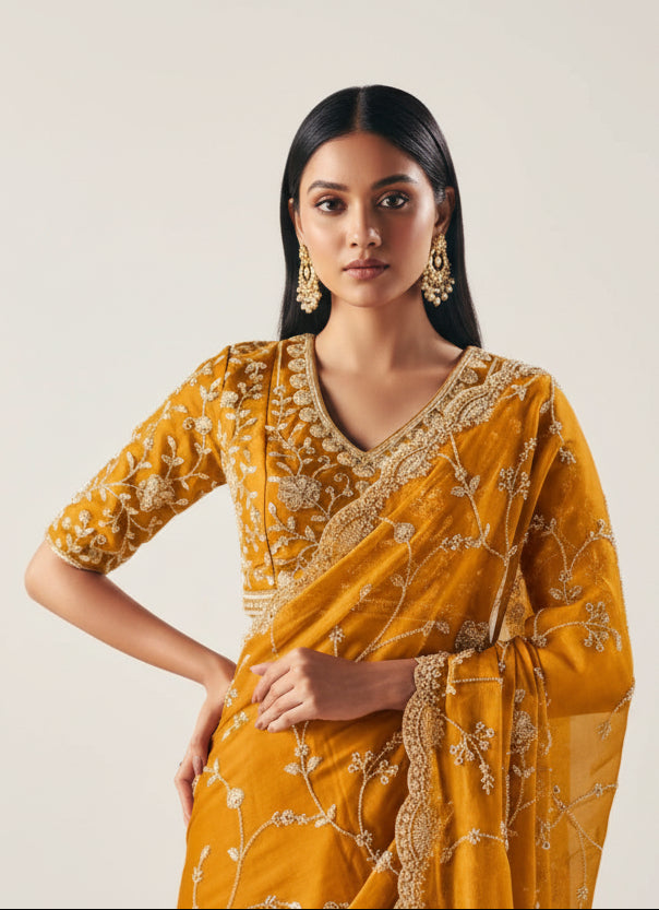Imperial Mustard Gold Satin Organza Designer Saree