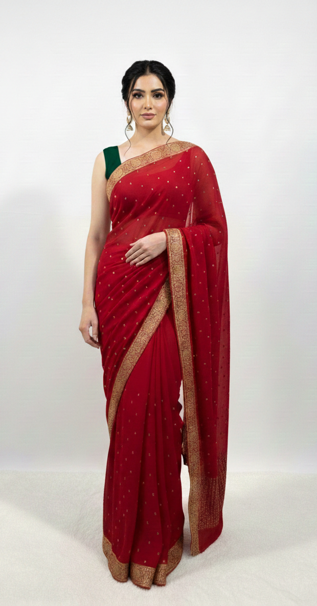 Exquisite Red Mirror-Work Saree with Designer Green Blouse