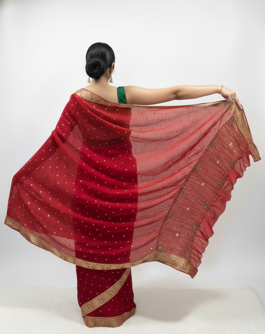 Exquisite Red Mirror-Work Saree with Designer Green Blouse