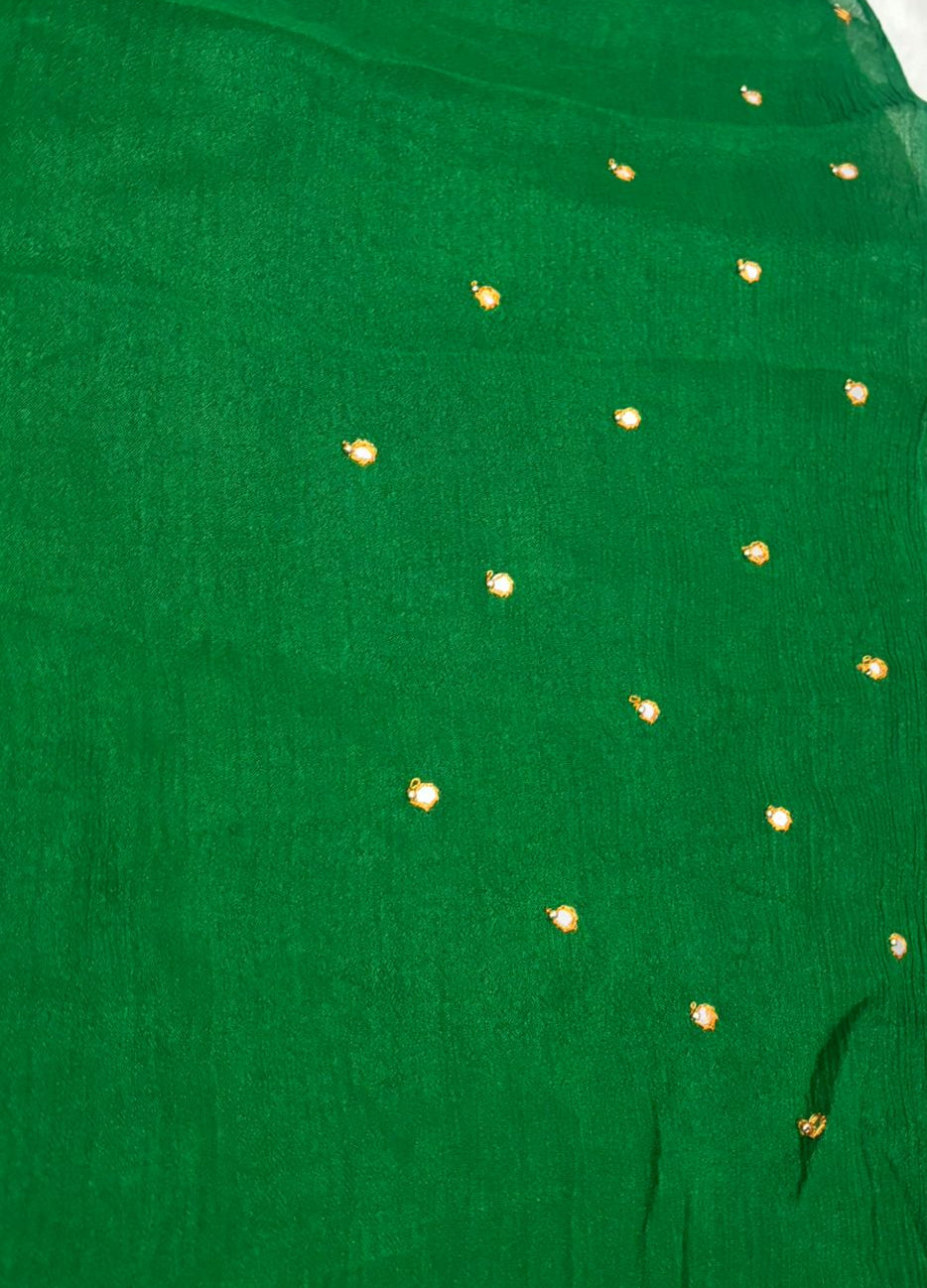 Exquisite Red Mirror-Work Saree with Designer Green Blouse
