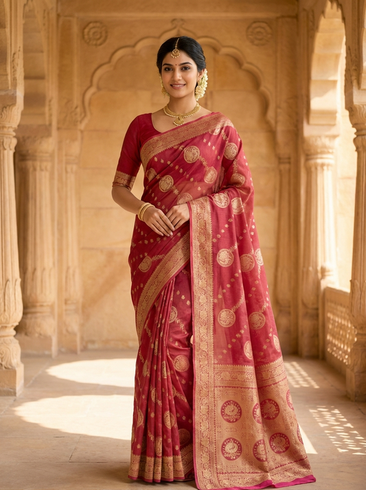 Rose Pink Lightweight Silk Saree with All-Over Zari Artistry