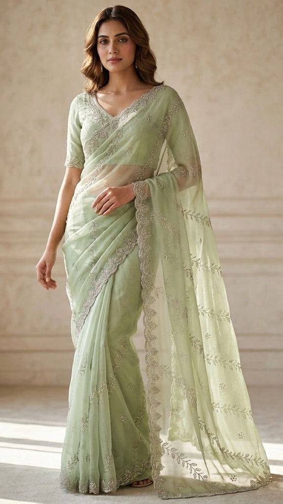 Luxury Lightweight Stone-Work Saree – Sage Green