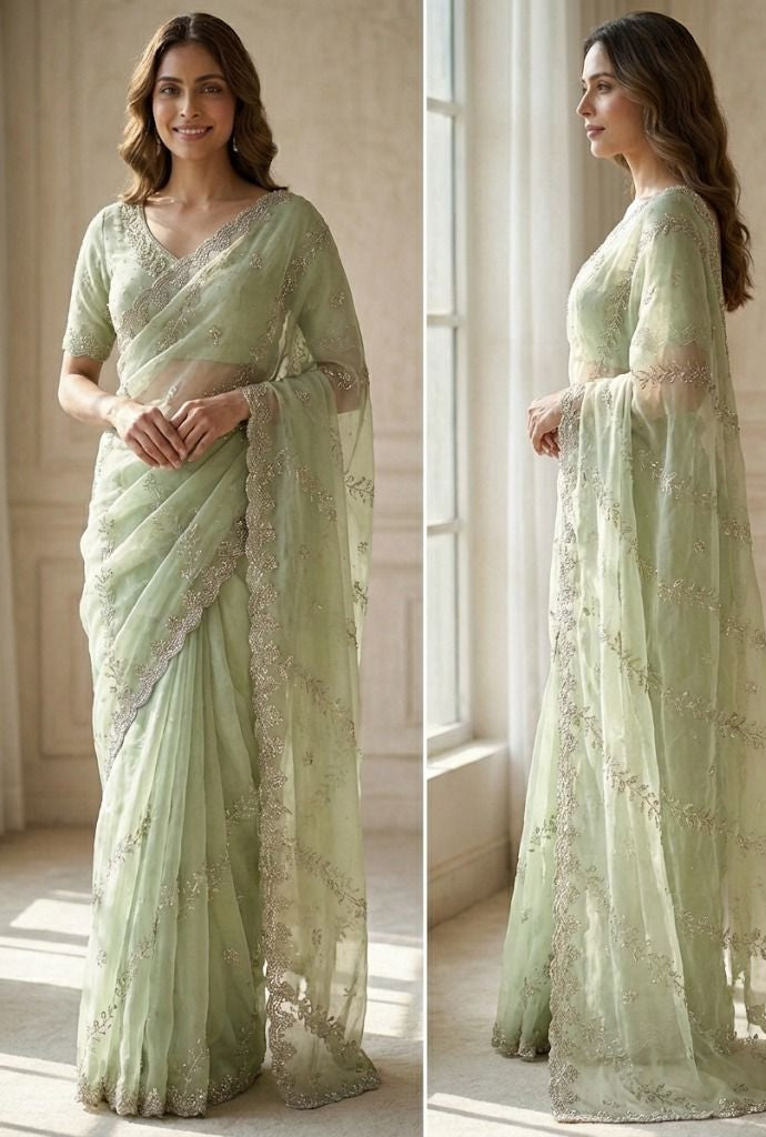 Luxury Lightweight Stone-Work Saree – Sage Green