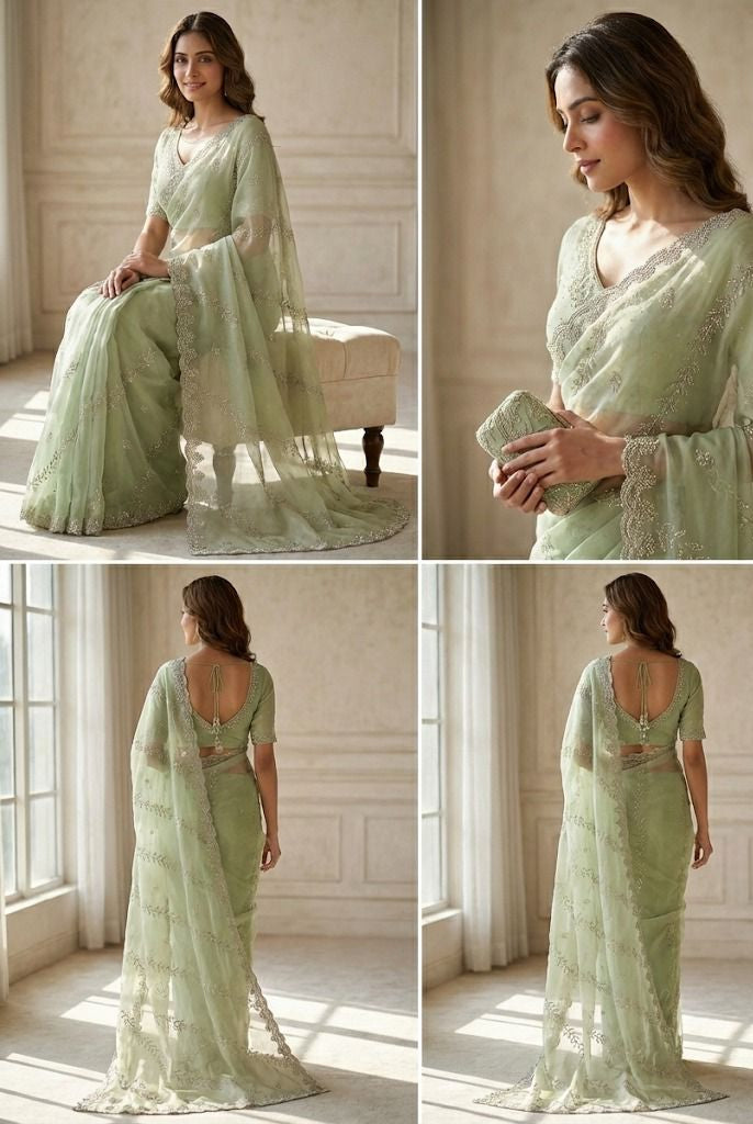 Luxury Lightweight Stone-Work Saree – Sage Green