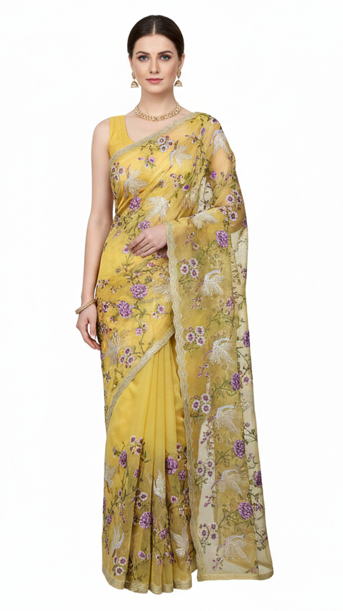 Mustard Gold "Petal-Soft" Liquid Chiffon Saree