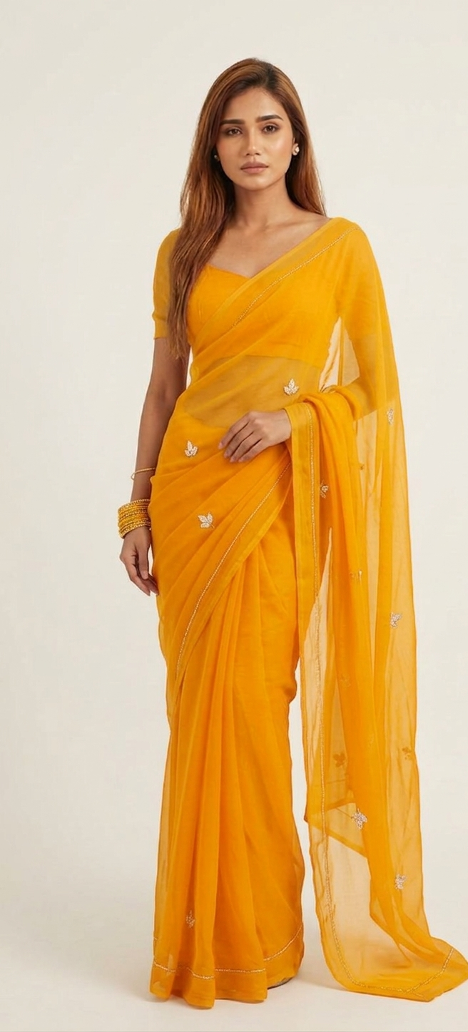 Chrome Yellow Hand-Dyed Chiffon Saree