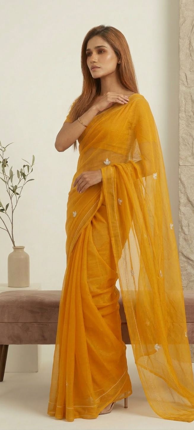 Chrome Yellow Hand-Dyed Chiffon Saree