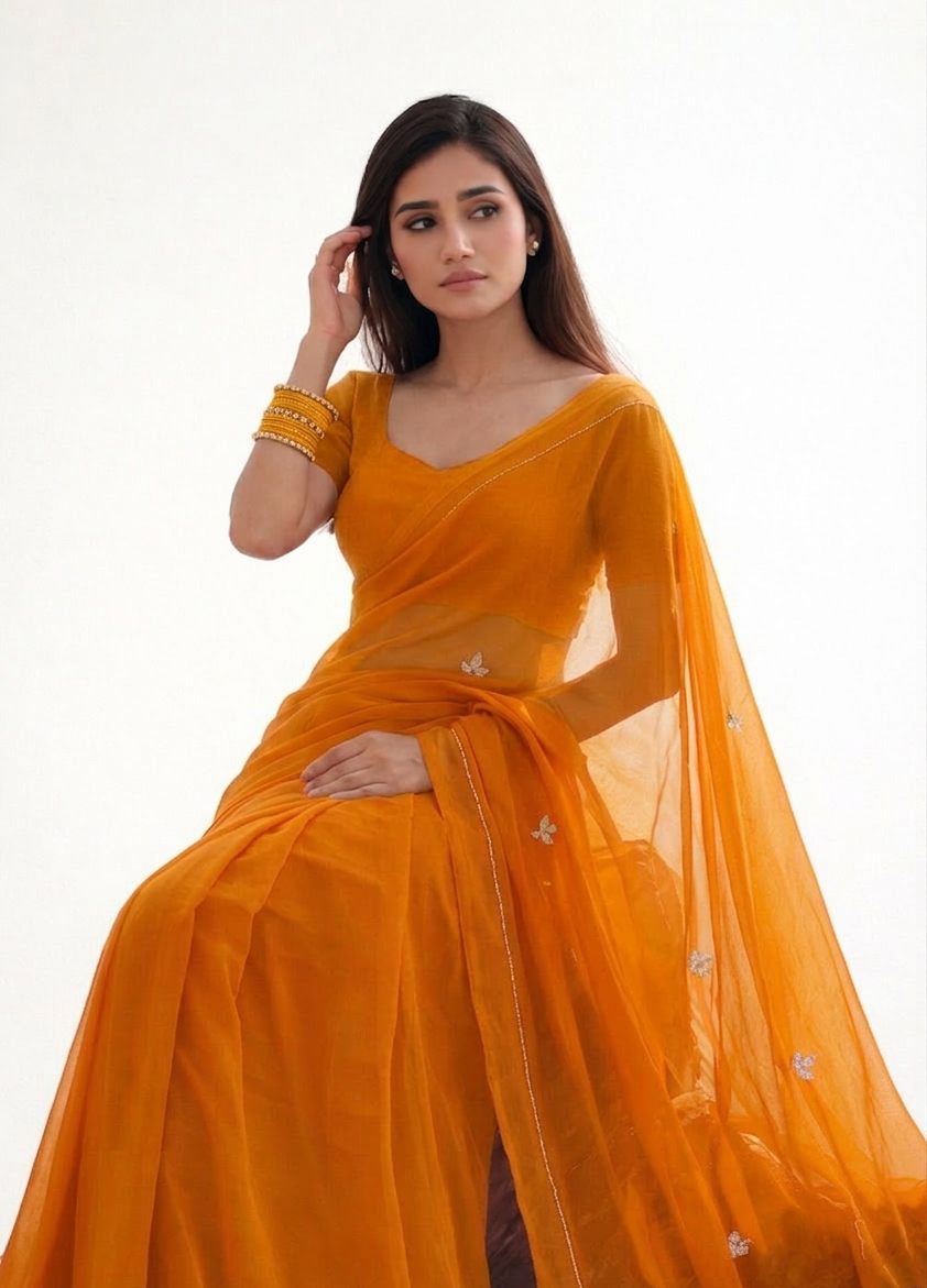 Chrome Yellow Hand-Dyed Chiffon Saree
